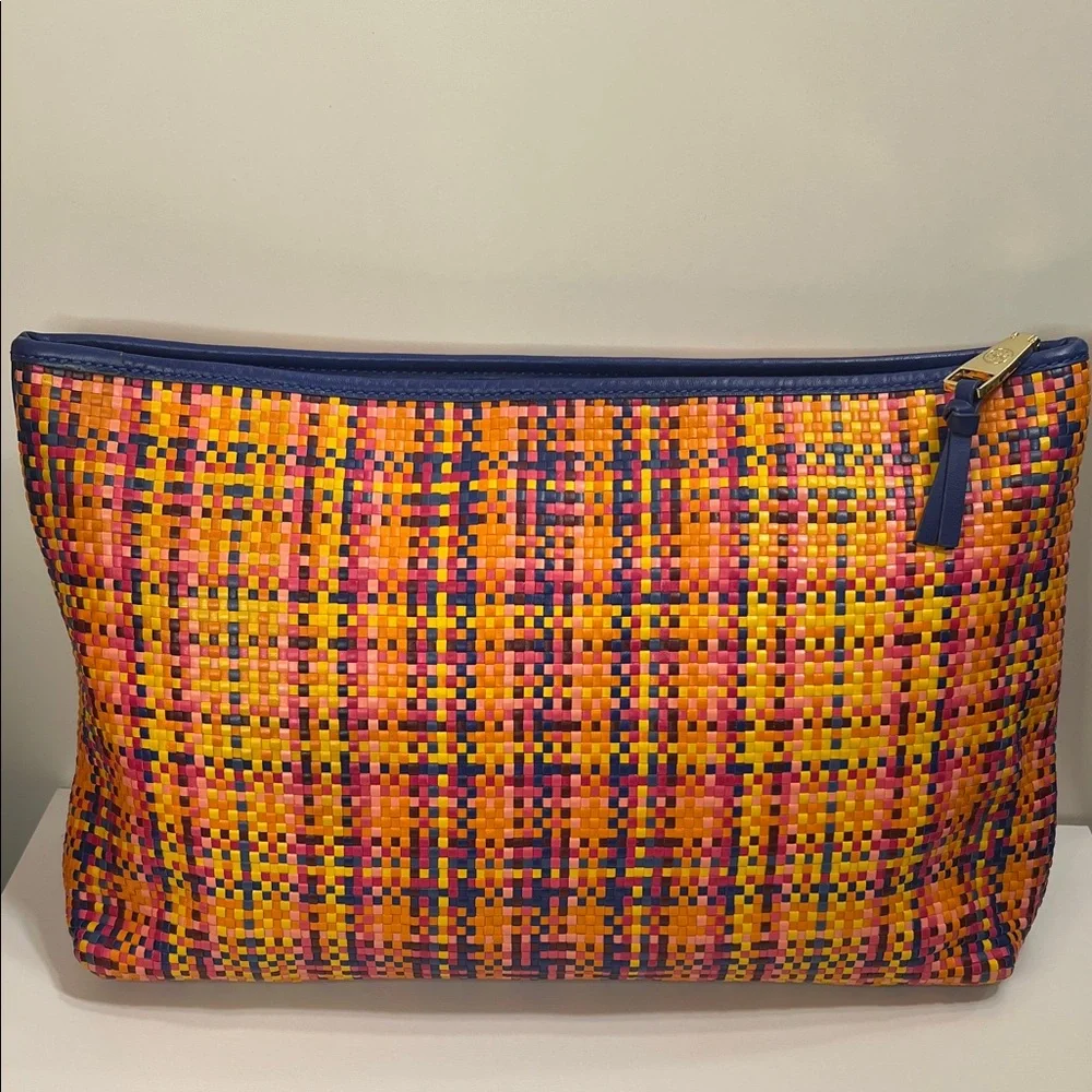 Tory Burch Woven Leather Clutch Bag Vibrant Colors of Orange Yellow Pink Blue